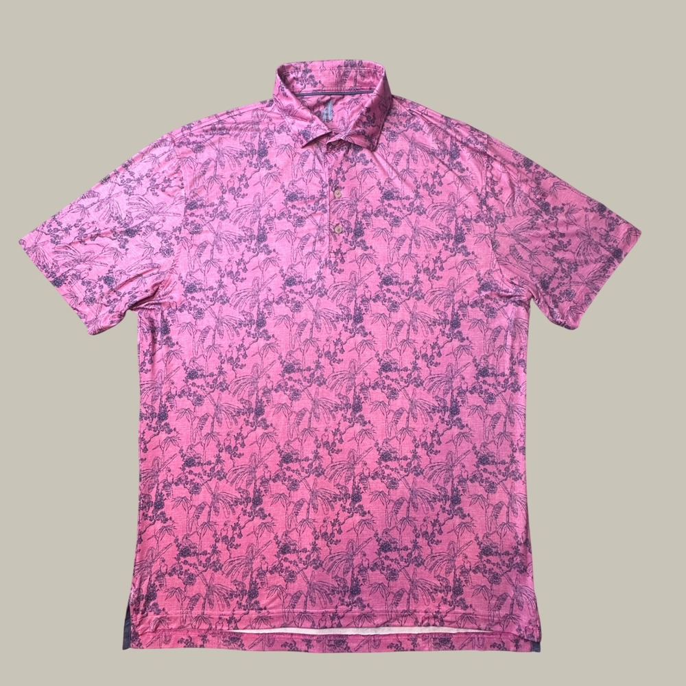 johnnie-O Polo Shirt Mens L Breezer Taffy Pink Tropical Bird Featherweight EXCL